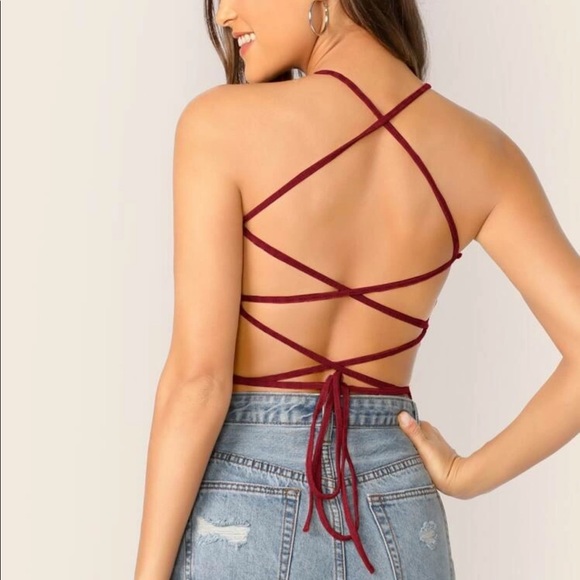 Red Lace-Up Backless Rib-Knit Top - NWOT - Picture 3 of 7